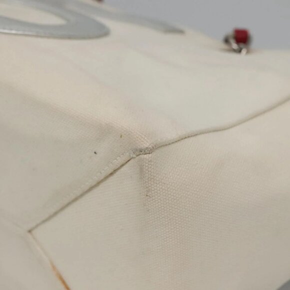 CHANEL Choco Bar COCO Mark Chain Hand Bag Canvas Beige Silver CC Auth BA4601 - Picture 5 of 16